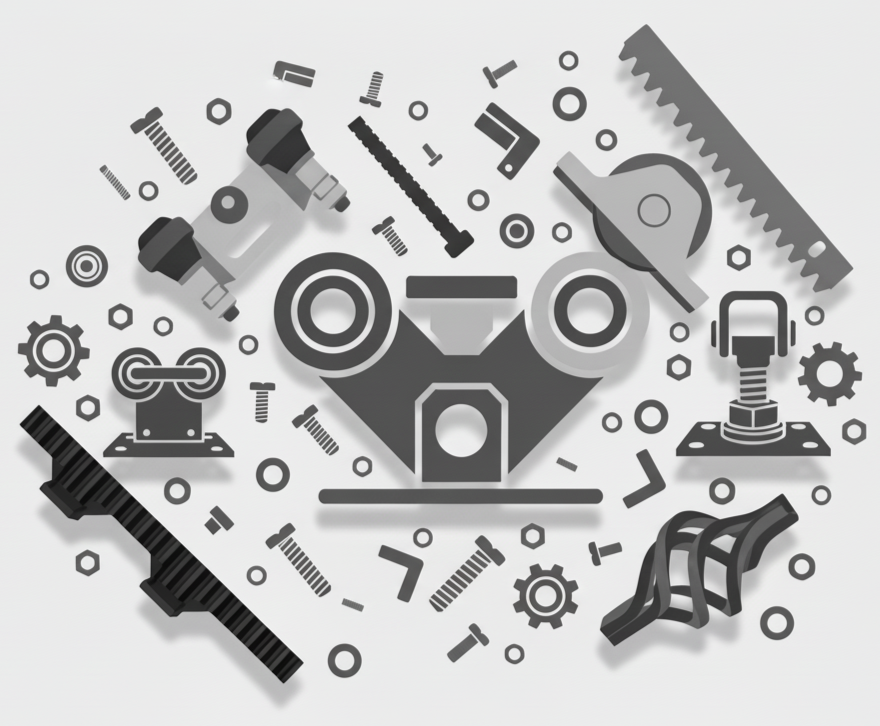 Black and white mechanical parts arranged in a circular pattern on a light gray background